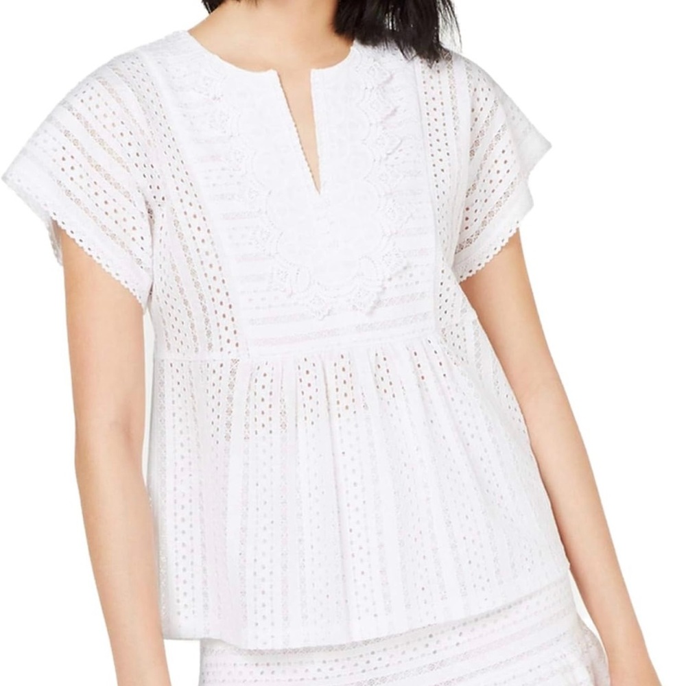 NEW! MICHEAL Michael Kors Womens White Lace Embroidered Trim Short Sleeve Top M